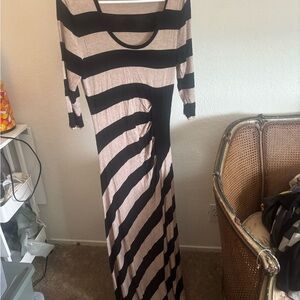 Calvin Klein Black and Tan Striped Long Sleeve Dress